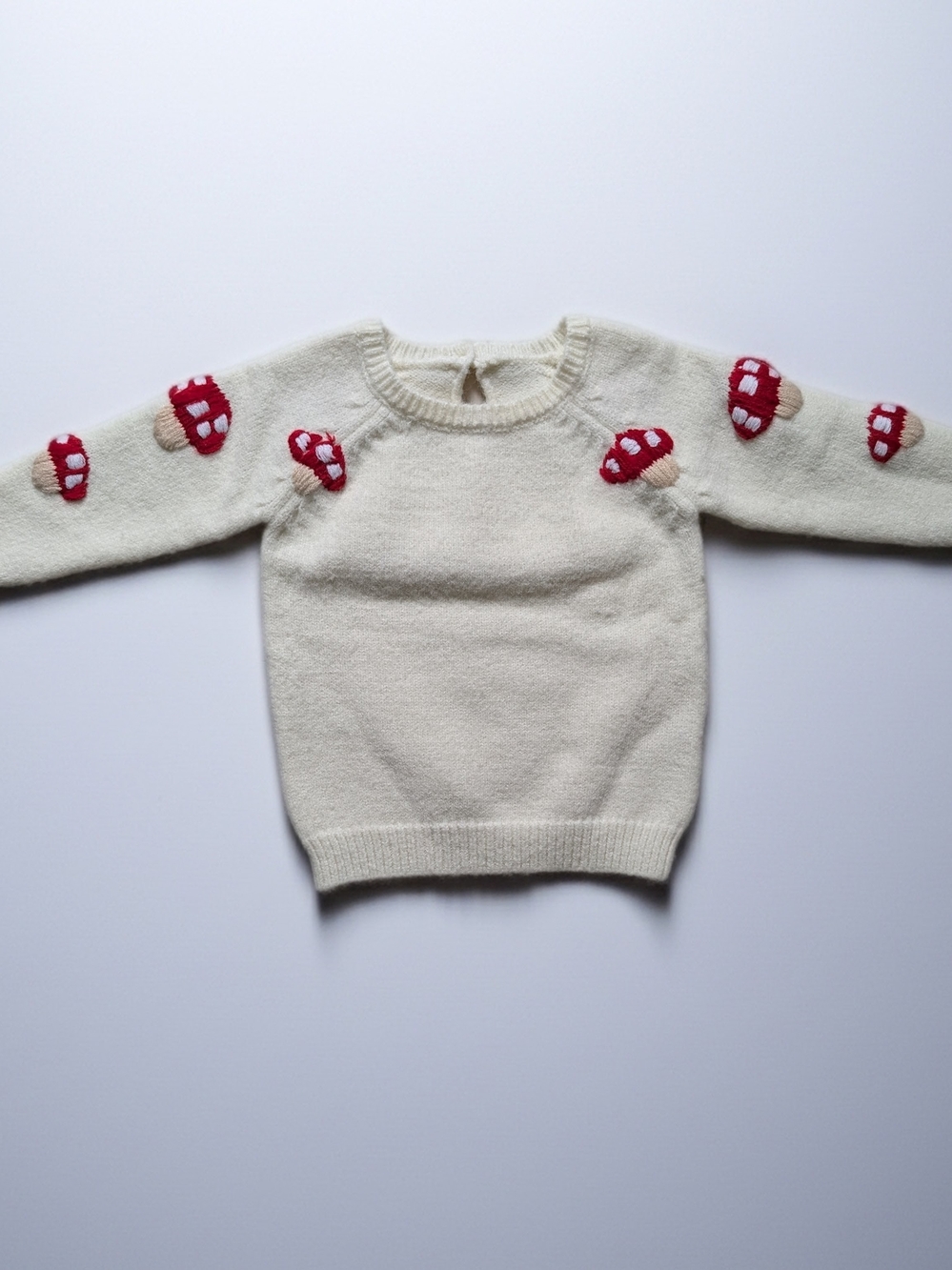 Cream Knit Sweater with Red Mushroom